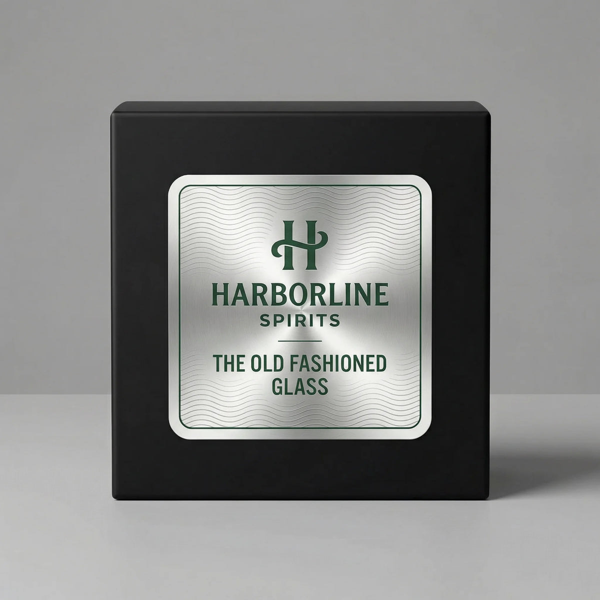 Black box with Harborline Spirits logo and text on a gray background