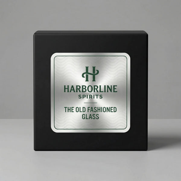 Black box with Harborline Spirits logo and text on a gray background