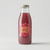 Glass bottle of 'Berry Burst' juice with a pink label on a white background