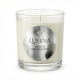 Lumina Sage & Cedarwood candle in a glass jar on a white background