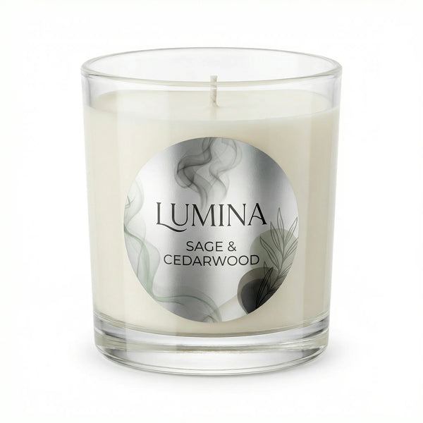 Lumina Sage & Cedarwood candle in a glass jar on a white background