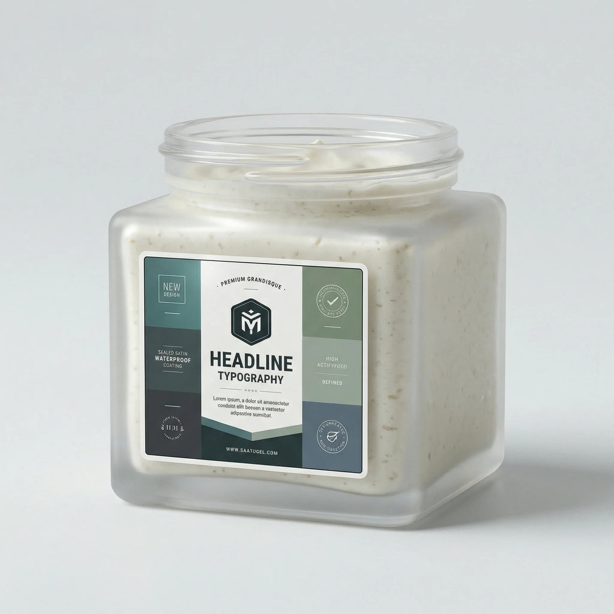 Jar of a white substance with a label on a gray background