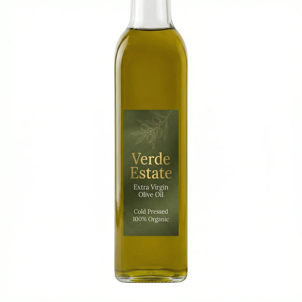 Bottle of Verde Estate Extra Virgin Olive Oil on a white background
