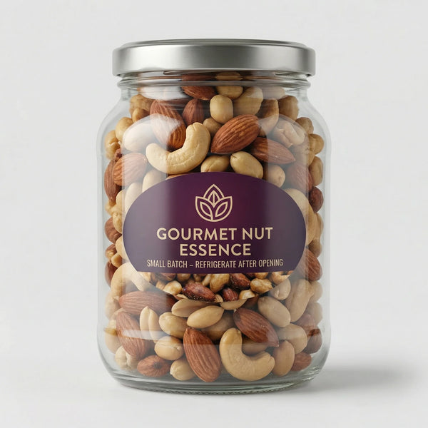 Jar of mixed nuts with a 'Gourmet Nut Essence' label on a white background