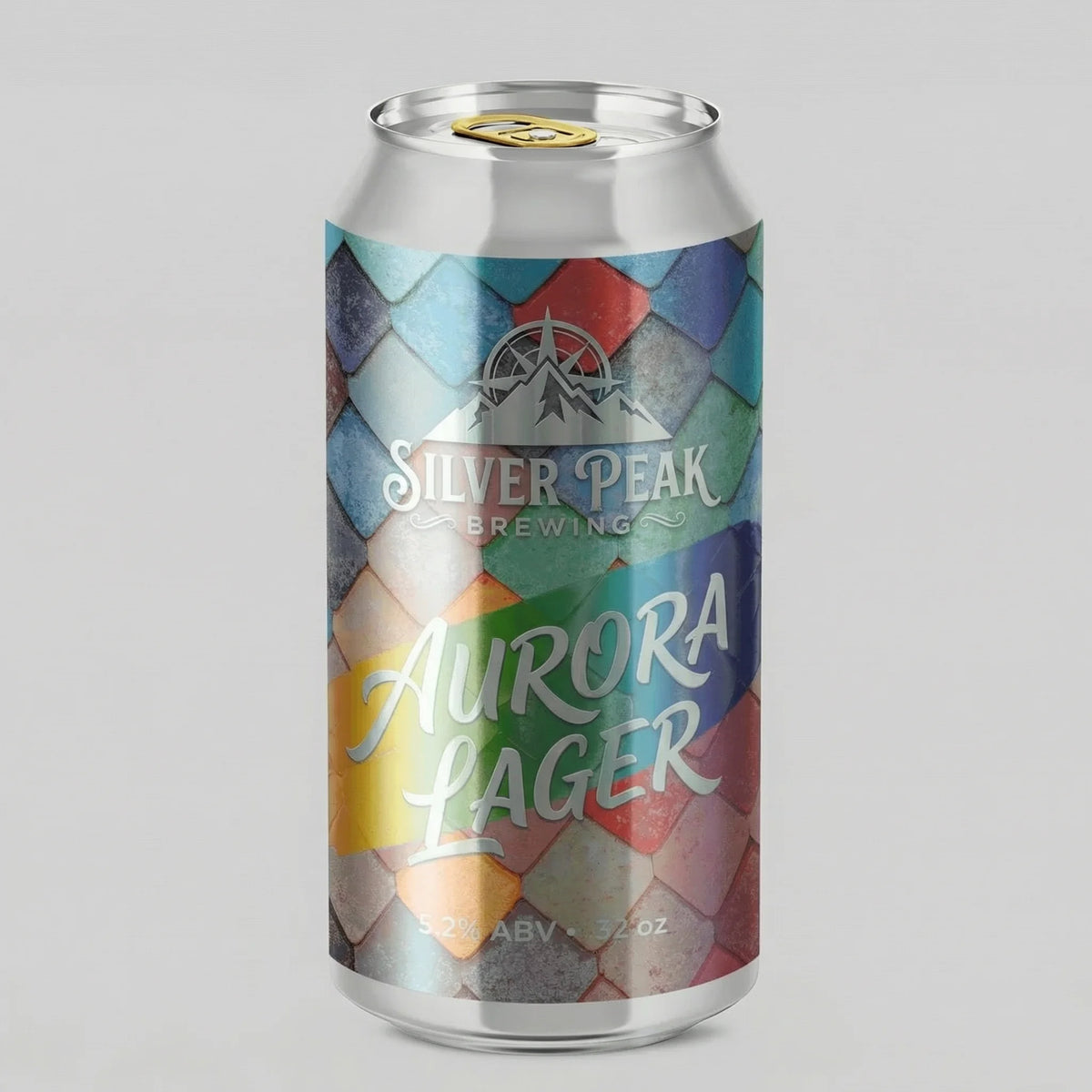 Silver Peak Brewing Aurora Lager can with colorful geometric pattern on a gray background