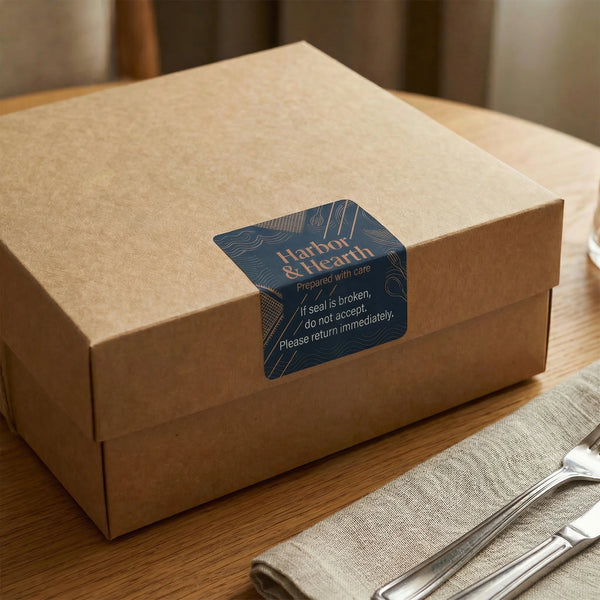 Brown cardboard box with a blue label on a wooden table