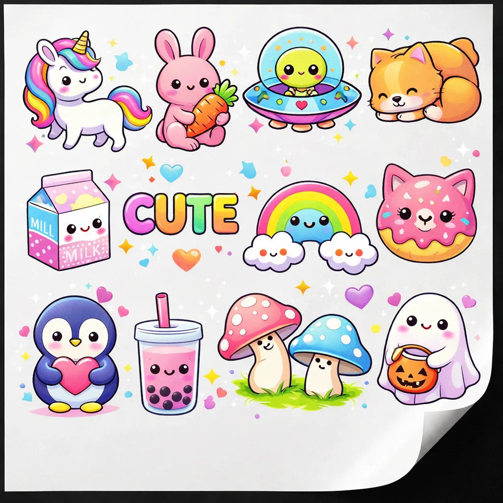 Collection of cute cartoon characters and objects on a white background with colorful accents.
