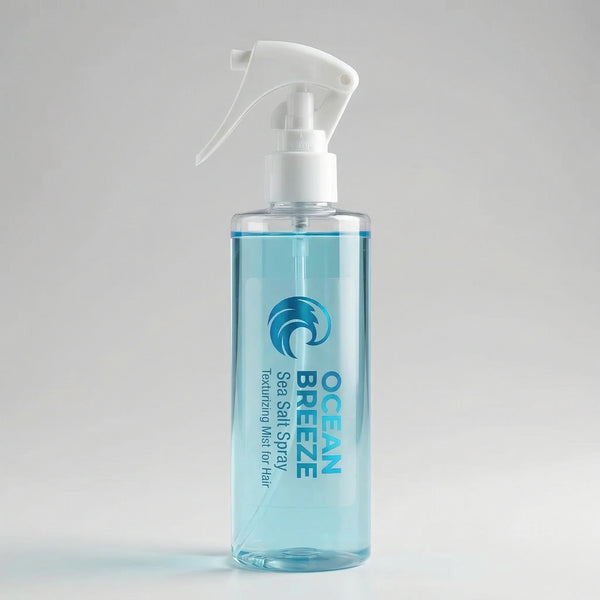 Clear spray bottle labeled 'Ocean Breeze' on a light gray background