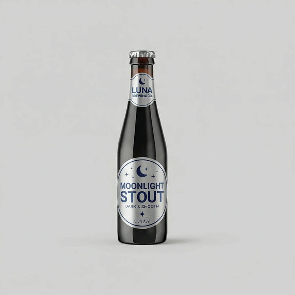 Bottle of Luna Brewing Co. Moonlight Stout on a gray background