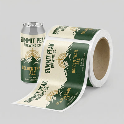 Roll of Summit Peak Brewing Co. Golden Trail Ale labels next to a can on a gray background