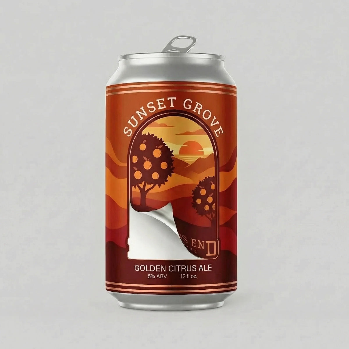 Can of Sunset Grove Golden Citrus Ale on a gray background