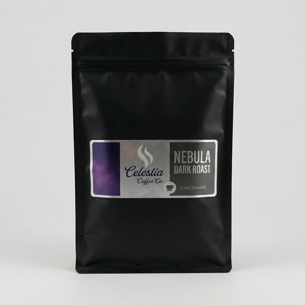 Black coffee bag with 'Celestia Coffee Co.' label on a white background