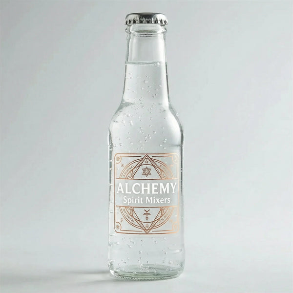Clear glass bottle of 'Alchemy Spirit Mixers' on a light gray background