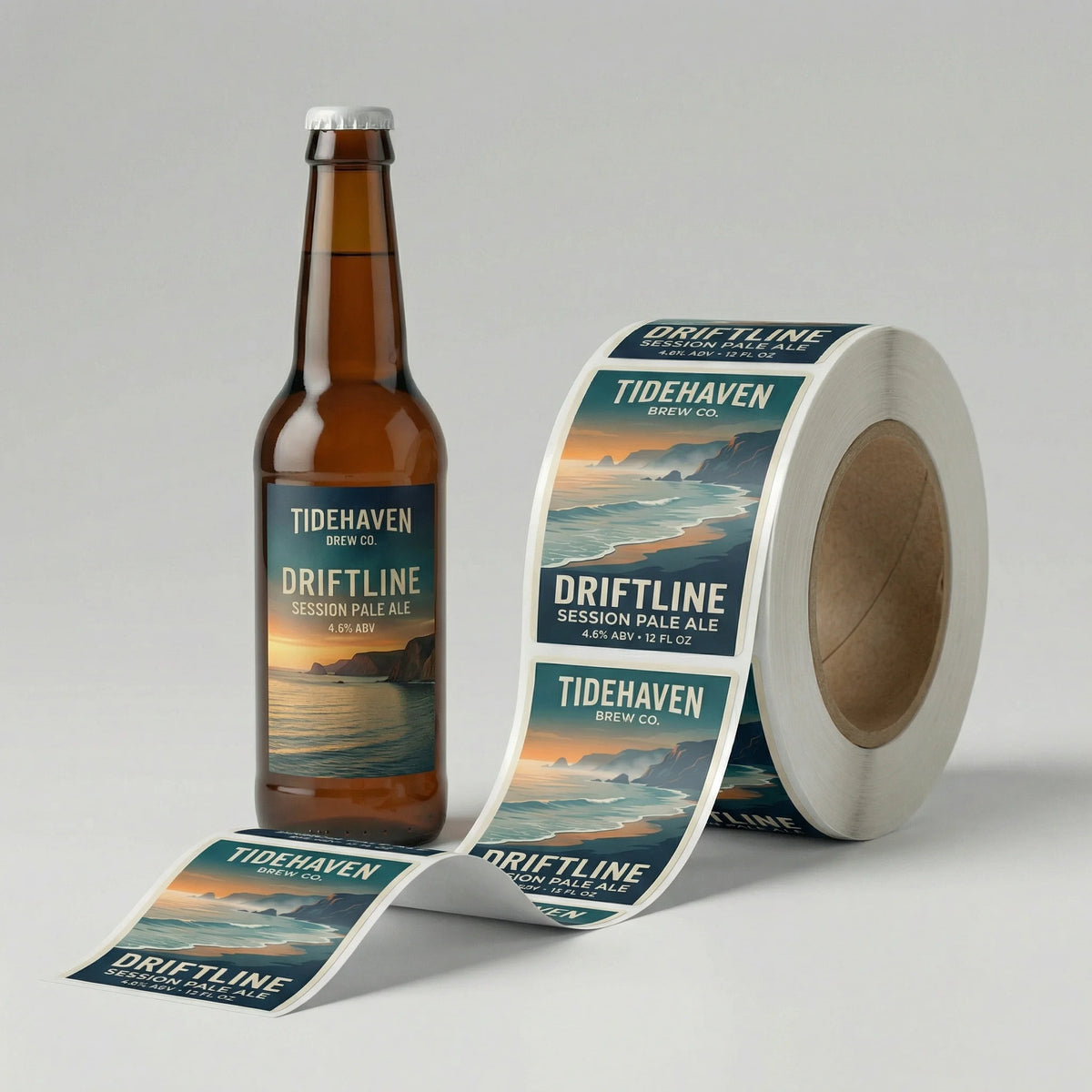 Roll of Tidehaven Driftline Session Pale Ale labels next to a bottle of the beer.