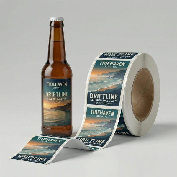 Roll of Tidehaven Driftline Session Pale Ale labels next to a bottle of the beer.