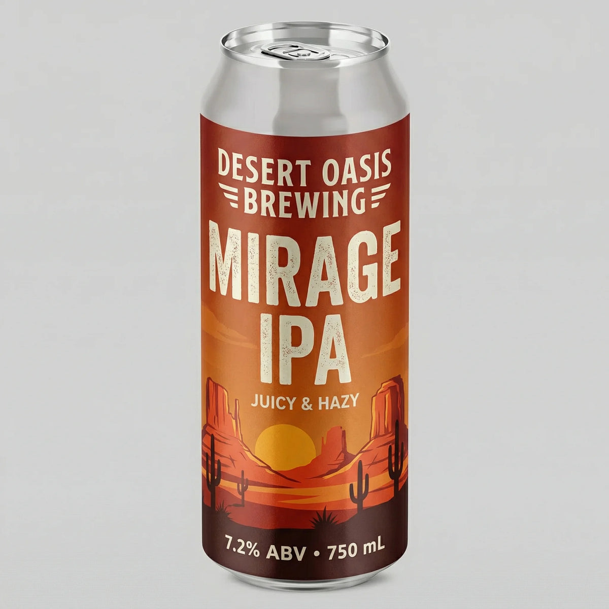 Desert Oasis Brewing Mirage IPA can on a gray background