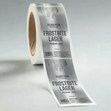 Roll of Frostbite Lager labels from Silver Peak Brewing on a gray background
