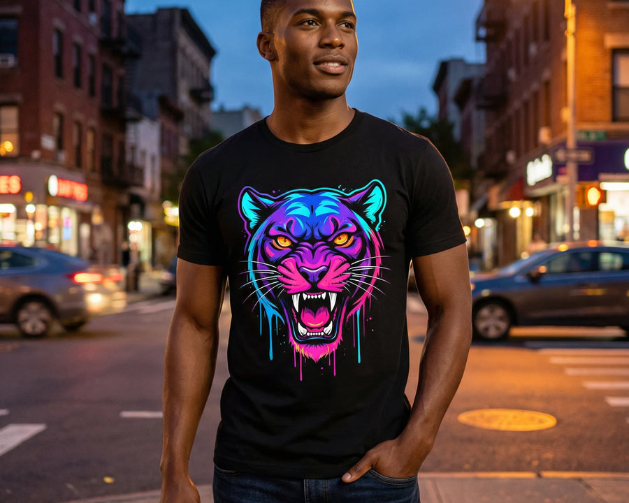 Man wearing a black t-shirt with a colorful panther graphic on a city street at dusk.