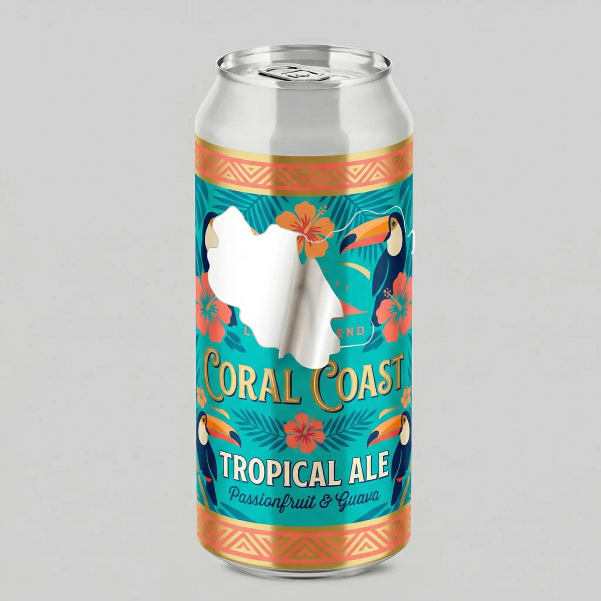Coral Coast Tropical Ale can with toucan and floral design on a gray background