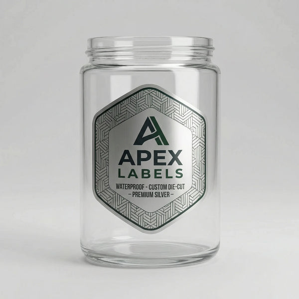 Clear glass jar with Apex Labels label on a white background