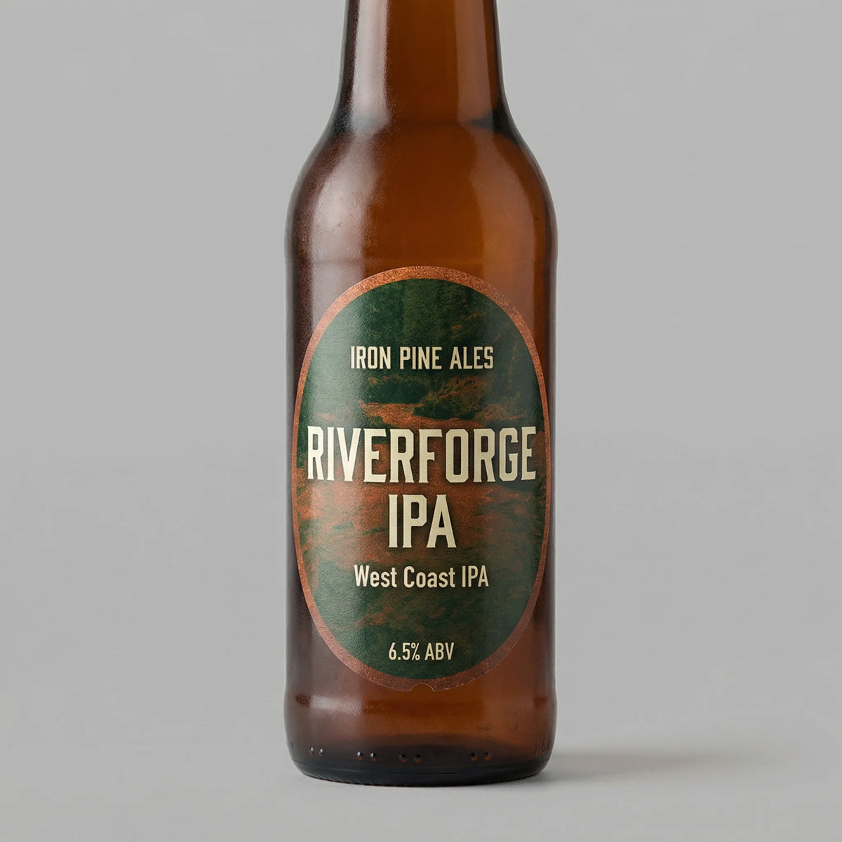 Brown beer bottle with 'Riverforge IPA' label on a gray background