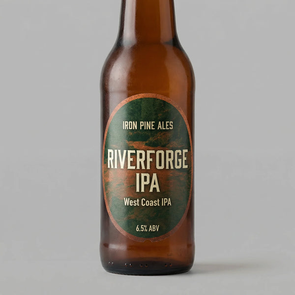 Brown beer bottle with 'Riverforge IPA' label on a gray background