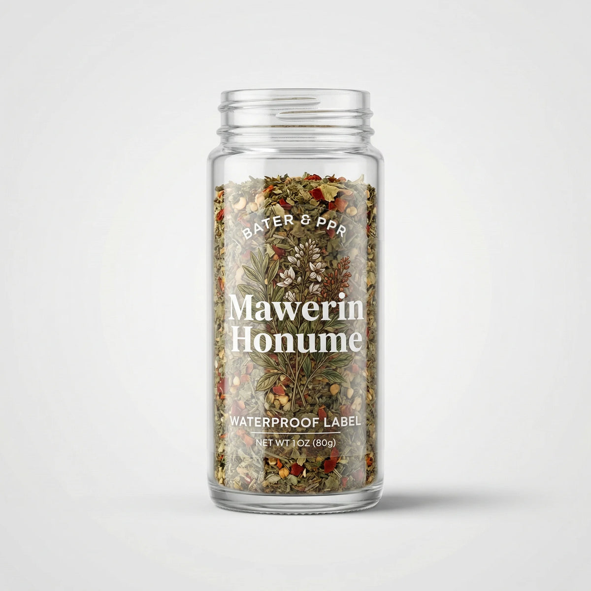 Clear jar filled with herbs and spices labeled 'Mawerin Honume' on a white background