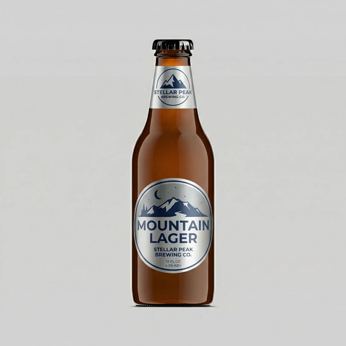 Bottle of Mountain Lager with a clear label on a gray background