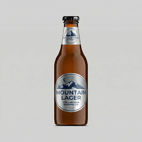Bottle of Mountain Lager with a clear label on a gray background