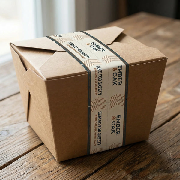 Cardboard box with Ember & Oak packaging on a wooden surface