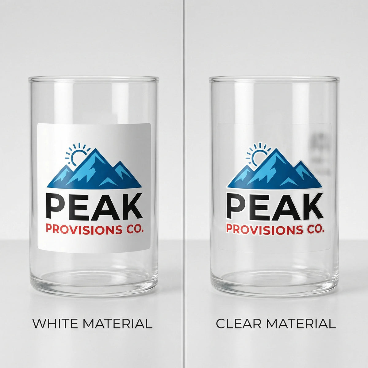 Two glass tumblers with Peak Provisions Co. logo, one on white and one on clear material.
