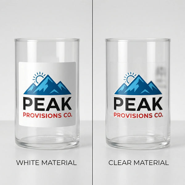 Two glass tumblers with Peak Provisions Co. logo, one on white and one on clear material.