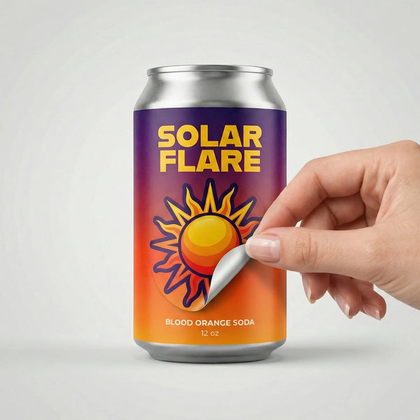Can of Solar Flare blood orange soda with a hand opening it on a light gray background
