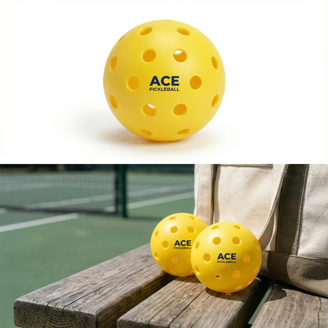 Yellow ACE pickleball on a white background with another yellow pickleball on a wooden bench near a bag.