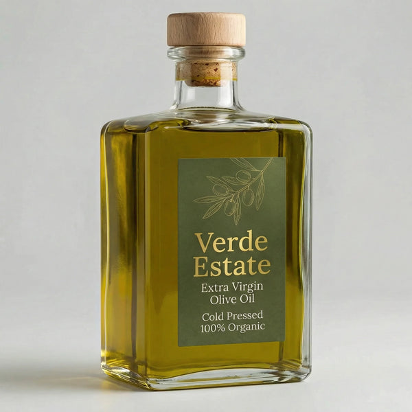 Bottle of Verde Estate Extra Virgin Olive Oil with a cork lid on a light gray background