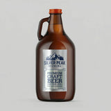 Brown growler with 'Silver Peak Brewing' label on a gray background