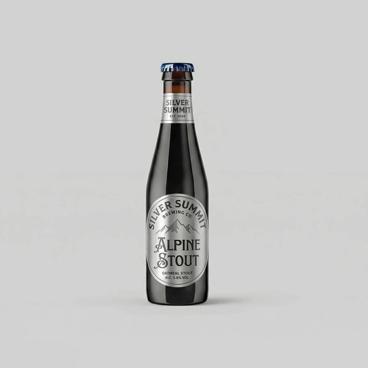 Bottle of Silver Summit Alpine Stout on a gray background