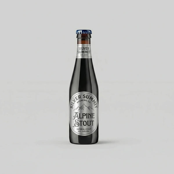 Bottle of Silver Summit Alpine Stout on a gray background