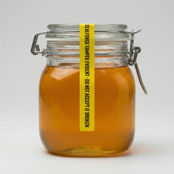 Glass jar with amber liquid and a yellow tamper-evident label on a white background