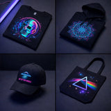 Four products including a t-shirt, hoodie, cap, and tote bag with glowing designs under black light.