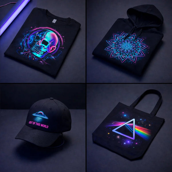 Four products including a t-shirt, hoodie, cap, and tote bag with glowing designs under black light.