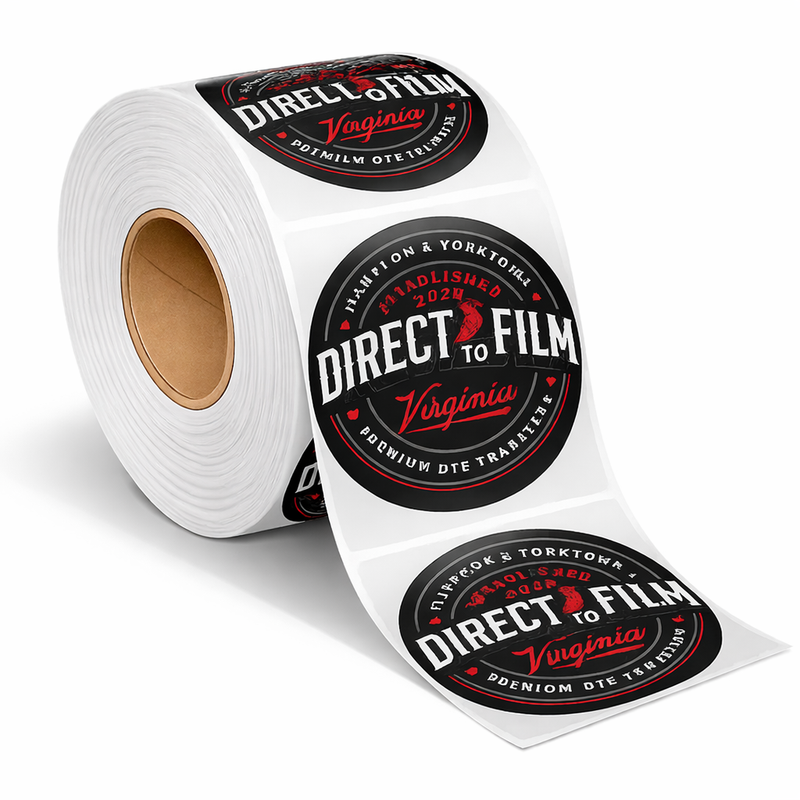 Roll of stickers with 'Direct to Film Virginia' branding on a white background