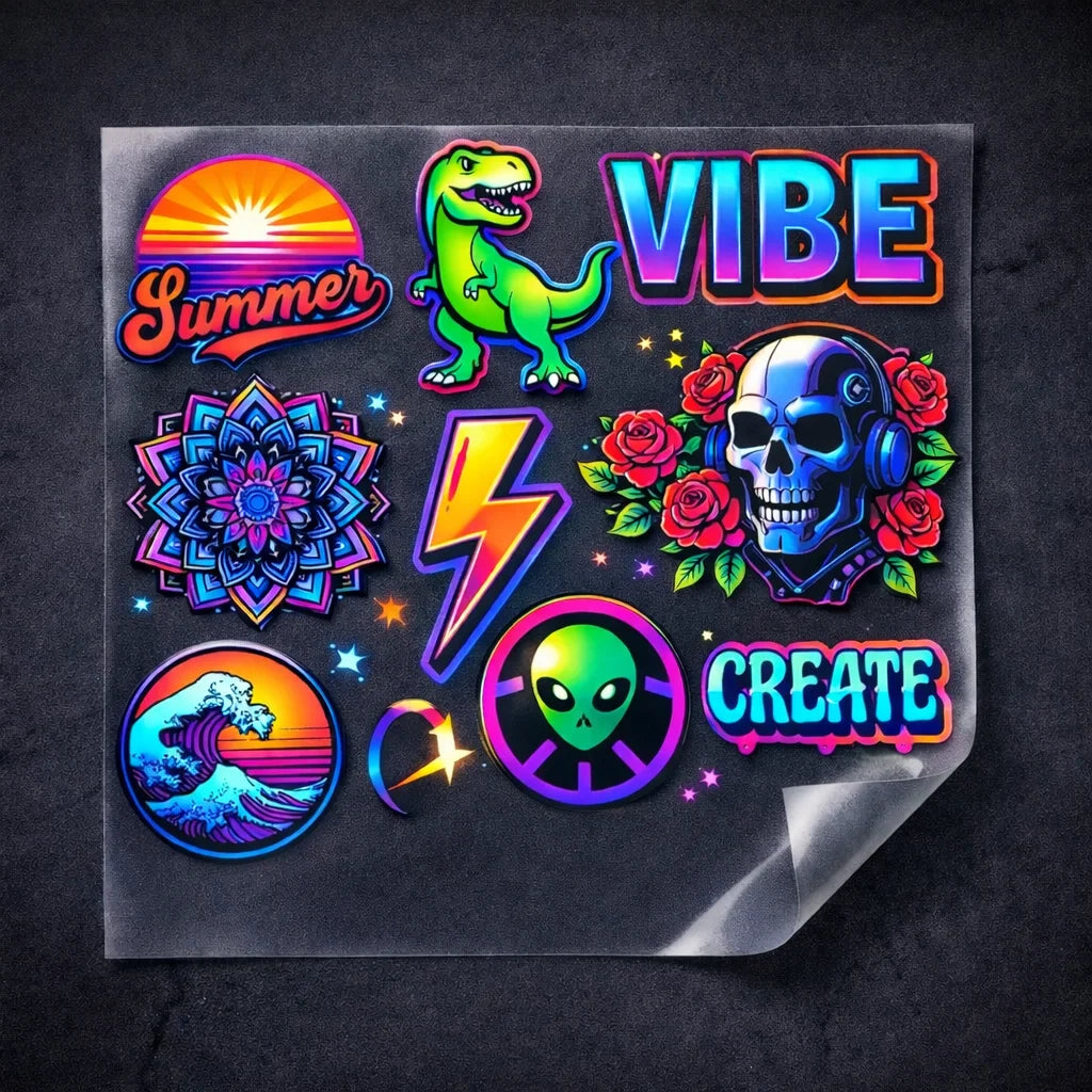 Collection of colorful stickers with various designs on a dark background