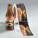 Bottle of Sunset Paddle Session IPA with a matching label roll on a gray background