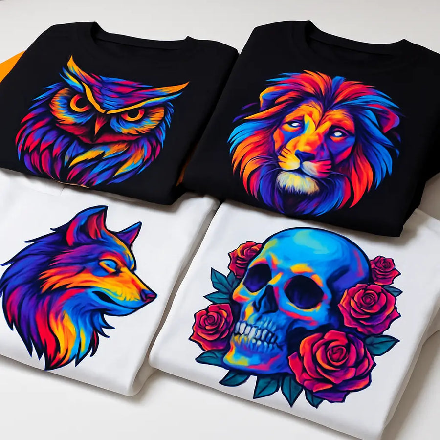 Four black tees printed with DTF transfers for a bulk order