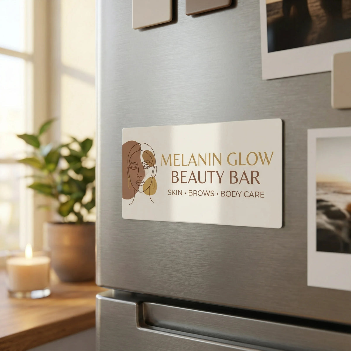 Melanin Glow Beauty Bar magnet on a refrigerator with a homey background