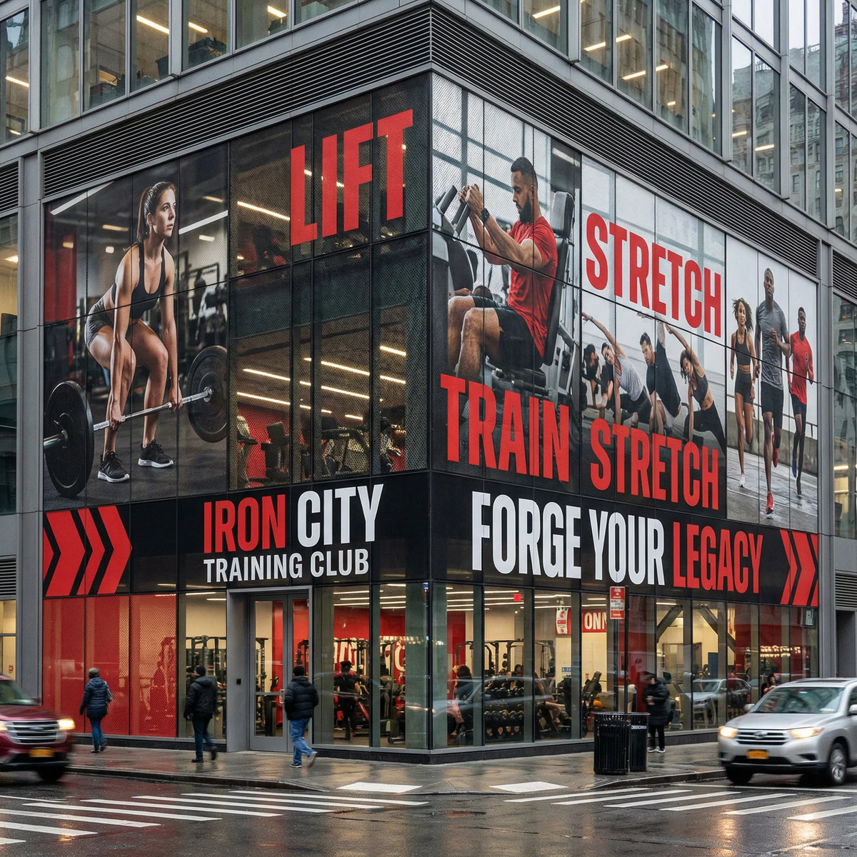 Building exterior of Iron City Training Club with promotional graphics for fitness activities.