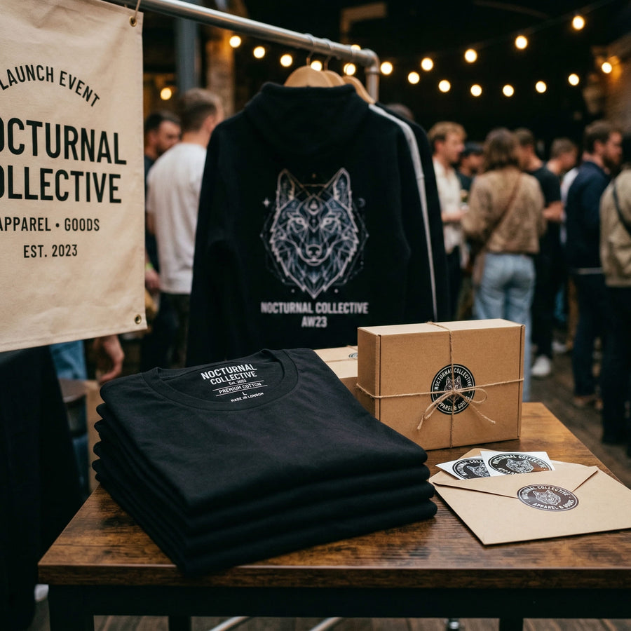 Black hoodies and t-shirts with a wolf design on a table at an event, with 'Nocturnal Collective' branding.