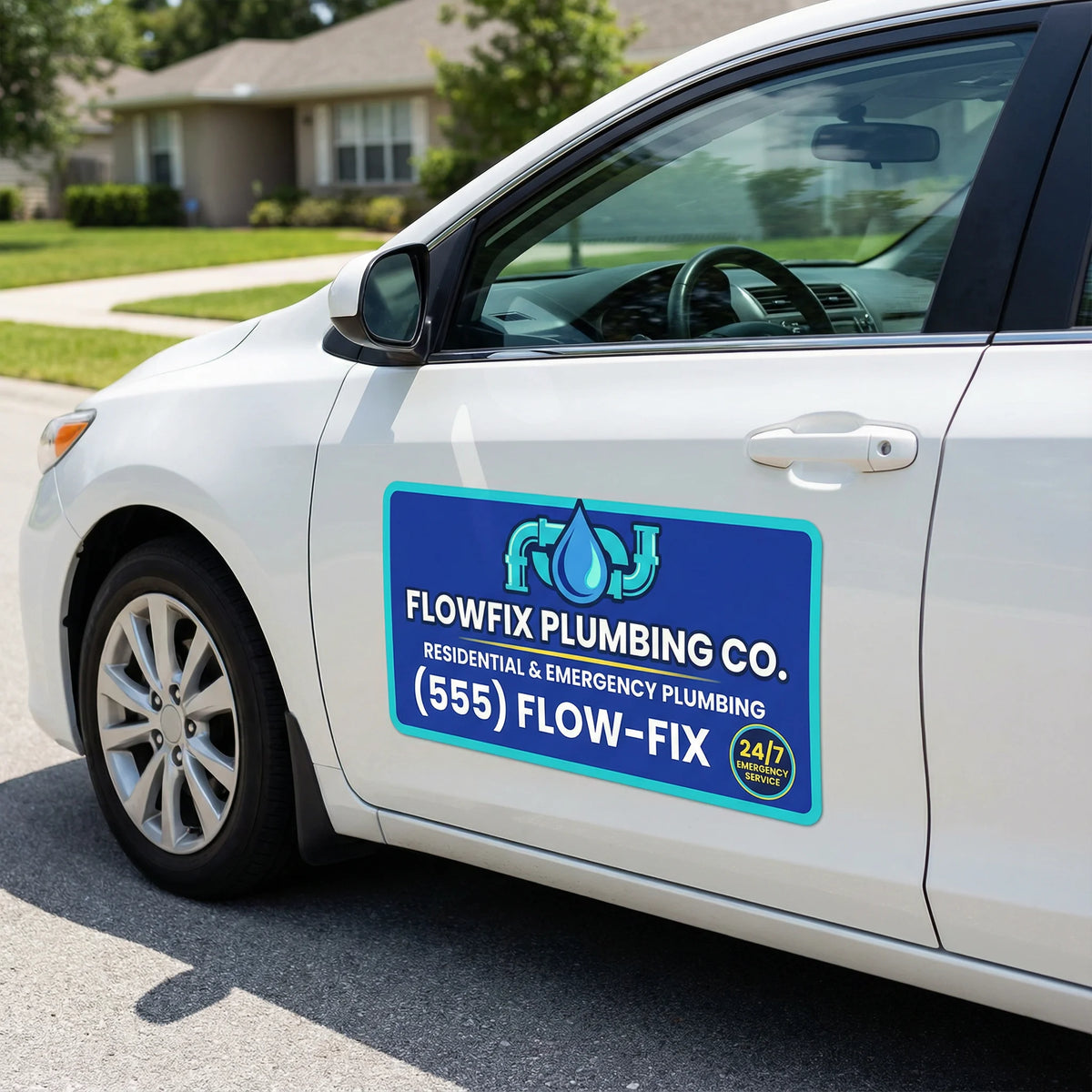 White car with Flowfix Plumbing Co. sign on a residential street