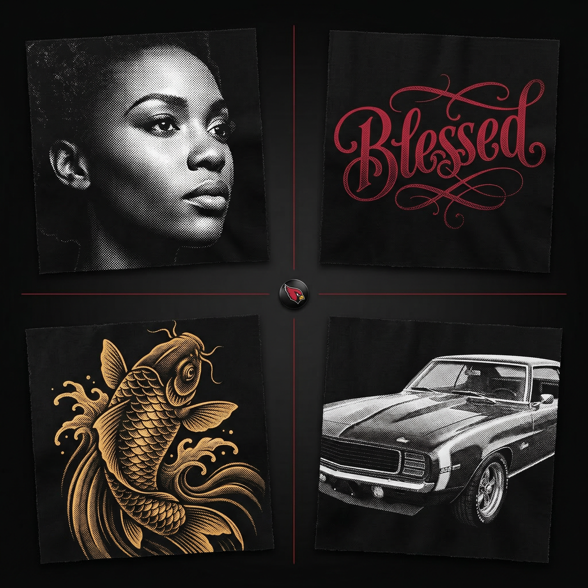 Four black square sections with a woman's portrait, the word 'Blessed', a Koi fish design, and a classic car.
